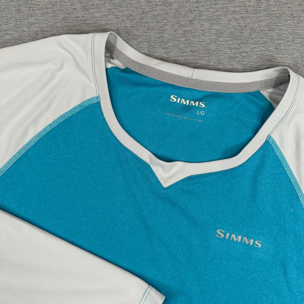 Simms SolarFlex Fishing Shirt Woman's L Blue Grey UPF Raglan Crewneck Long Slv